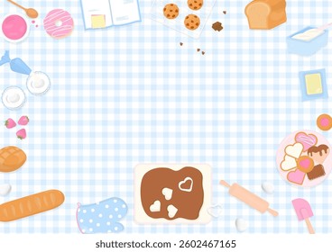 Bakery background. Bakery baked goods and baking utensils with ingredients on a blue plaid background. Flat lay style.