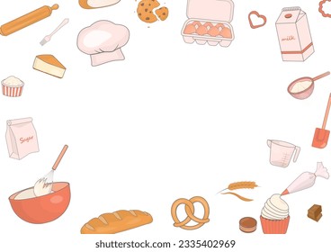 Bakery background. Baking ingredients, bakery, and cooking utensils with copy space on white background. Hand-drawn and cartoon style.