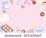 Bakery background. Baking bakery method with kitchen utensils and baked goods on a pink background.