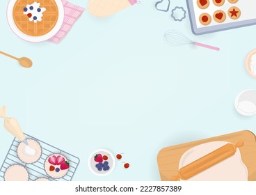 Bakery background. Baking bakery process concept with kitchen utensils, cupcake, waffle, and cookies.