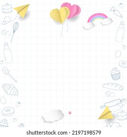 Bakery background. Bakery and baking tools line icons with heart, cloud, and plane. Paper art style on white background.