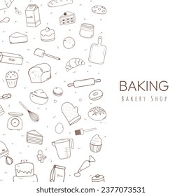 Bakery background. Bakery and baking tools outline icons on white background with copy space. Hand-drawn and doodle style.
