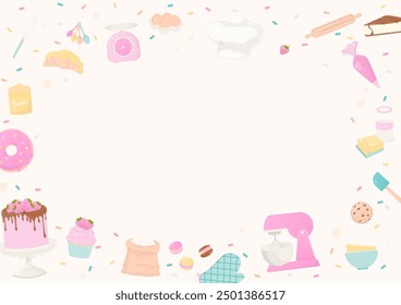 Bakery background. Bakery and baking utensils frame with multicolor sugar sprinkles on a white background. 