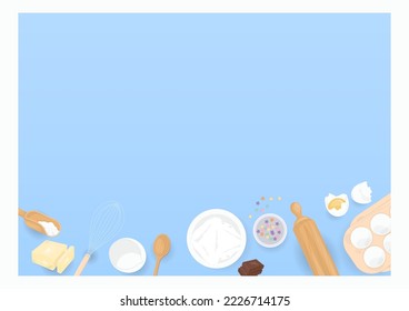 Bakery background. Baking utensils and ingredients on blue background.