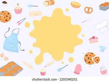 Bakery background. Baking utensils, bakery, and yellow liquid shape with space for copy text.