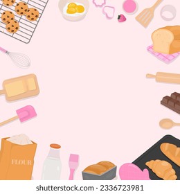 Bakery background. Bread, cookies, and bakery ingredients on white background with copy space. Hand-drawn style.
