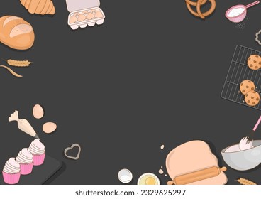 Bakery background. Bread, cupcakes, cookies, and bakery ingredients on black background. Hand-drawn style.
