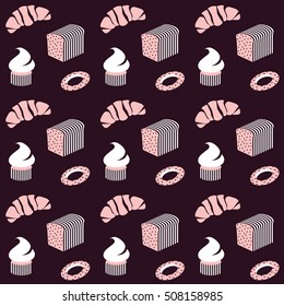 Bakery background. Bread, deserts, pastry collection. Flat retro vintage vector illustration. Seamless pattern