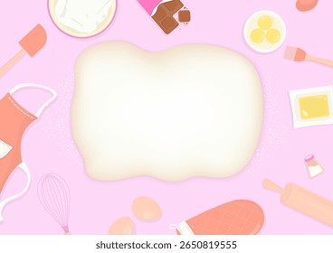 Bakery background. Bread dough and baking utensils with ingredients on a pink background. Flat lay style.