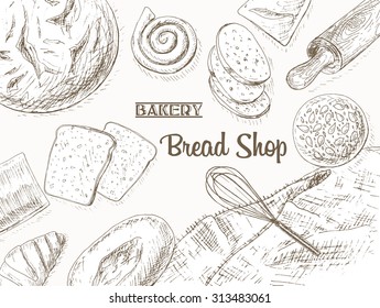 Bakery background. Bread frame. Vintage hand drawn health food vector.