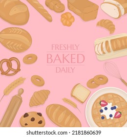 Bakery background with bread and pastry. Hand drawn style.