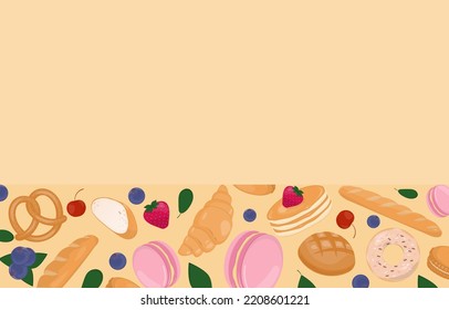 Bakery background. Bread products, macaron, and fruit with space for copy text. 