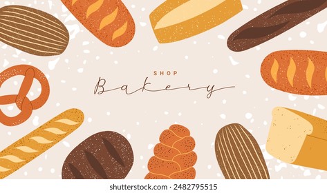 Bakery background with bread products. Vintage textured poster for bakery shop. Whole grain, rye, and wheat bread, ciabatta, loaf, baguette. Vector design template for ads, banner, cover, label.