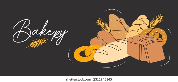 Bakery background. Breads and pastry collection. Bread house. Wheat bread, pretzel, ciabatta, croissant, french baguette.