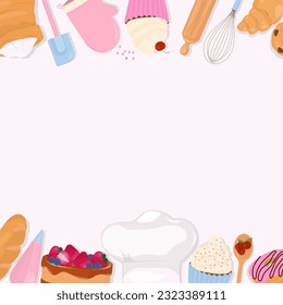 Bakery background. Cake, bread, cupcake, donut, and baking tools on a white background with copy space.