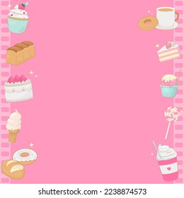 Bakery background. Cake, ice cream, bread, and drinks on pink background with space for copy text.