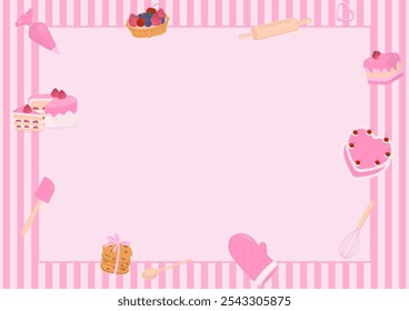 Fundo da padaria. Bolo, pastelaria e utensílios de cozedura com um padrão listrado e fundo rosa claro.