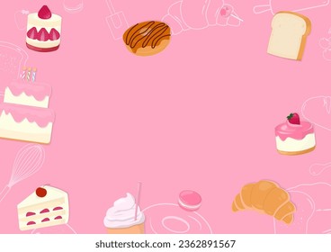 Bakery background. Cake and pastry bakery design elements with Bakery outline icons on a pink background.
