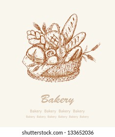 Bakery background. Card with different kind bread in a basket