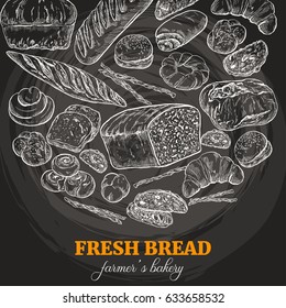 Bakery background, chalk sketch on dark background, vector illustration