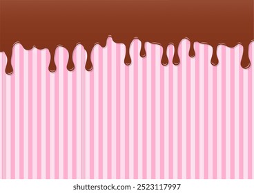 Bakery background. Chocolate melting on pink striped pattern with copy space. 