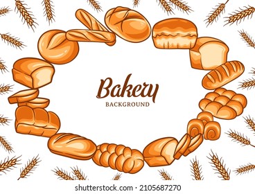 Bakery background with colorful bread vector illustration. Bakery or bakehouse menu