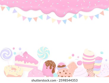 Bakery background. Colorful bakery and pink icing with pastel sugar sprinkles and a flag on a white background.