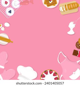 Bakery background concept. Baking utensils and bakery frame on a pink background with copy space.