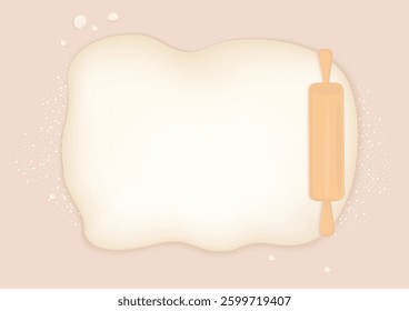 Bakery background concept. Bread dough and rolling pin on a beige background with copy space. Flat lay style.