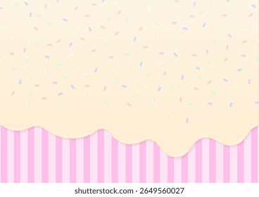 Bakery background concept. Cream melting on striped pattern with pastel sugar sprinkles.