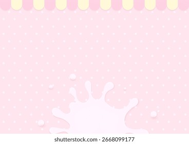 Conceito de fundo de padaria. Creme ou leite salpicando em um padrão de bolinhas com uma loja de pastel e fundo rosa.