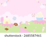 Bakery background concept. Cute sweets and candy in a meadow with strawberry cream and clouds on a pink background.