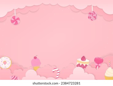 Bakery background concept. Dessert and candy with a cloud frame on a peach background. Paper art style.
