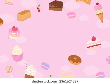 Bakery background concept. Dessert, drinks, and cloud with copy space on pink background. 