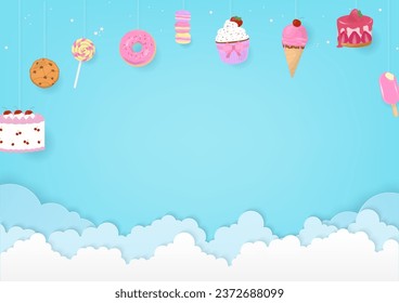 Bakery background concept. Desserts with a cloud and star on a blue sky background. Paper art style and copy space.
