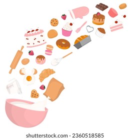 Bakery background concept.  Mixing bowl with bakery products, ingredients, and copy space on white background.