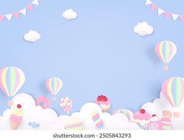 Bakery background concept. Pastel dessert on a cloud with rainbow hot air balloon, flag, and copy space on a blue sky background.