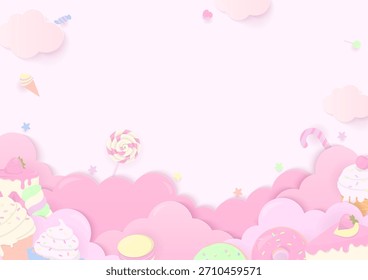 Bakery background concept. Pastel dessert on a pink cloud and a white background. Paper art style.