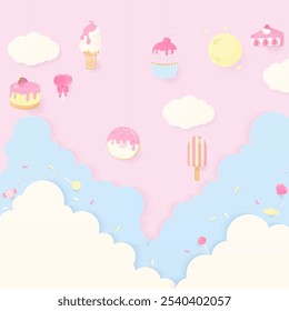 Concepto de fondo de panadería. Panadería dulce, dulces y azúcar salpicados con nubes pastel y una luna sobre un fondo rosa.