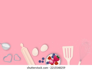 Bakery Background. Cooking Utensils And A Cupcake On Pink Background With Space For Copy Text.