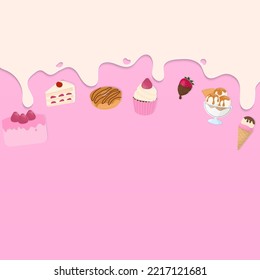 Bakery background. Cream dripping liquid and dessert on pink background. Paper art style.