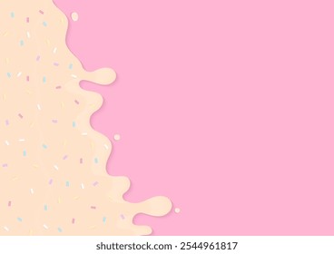 Fundo da padaria. Creme líquido com aspersão de açúcar multicolor flui em um fundo rosa.