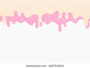 Bakery background. Cream and strawberry melting on a white background with pastel sugar sprinkles and copy space.