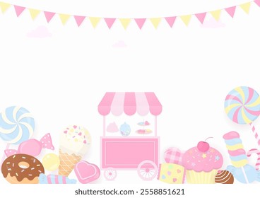 Bakery background. Cute bakery shop with candy, cupcake, ice cream, doughnut, and a flag on a white background.