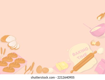 Bakery background, design with bread, flour, egg, and kitchen utensils.