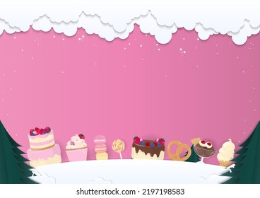 Bakery background. Dessert and snow with clouds on pink background. Paper art style. 