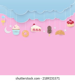 Bakery background. Dessert, star, and cloud
 mid-air with pastel color. Paper cut style