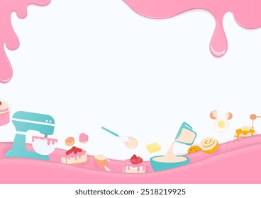 Bakery background. Electric mixer, baking utensils, ingredients, and bakery products with pink liquid flowing on a white background.