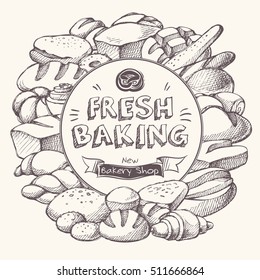 Bakery background Frame with sketch bakery, bread, muffin, bun, loaf. Template in sketch doodle style with hand drawn elements for menu, banner, card, bakery shop