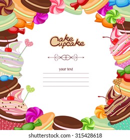 Bakery background frame with sweets, confectionery, sweets, desserts. Illustration of confectionery products in the form of frames, cards, menus, stickers, banners.